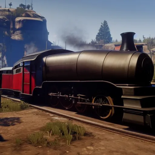 Image similar to futuristic sleek steam locomotive in red dead redemption 2