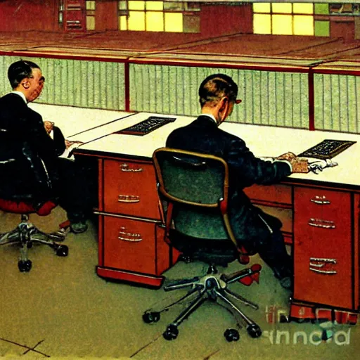 Prompt: Workers in office cubicles making a computer game, working late to meet a deadline, as painted by Norman Rockwell.