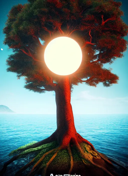 Image similar to a tree from which eyes hang instead of fruits, the tree is on top of a calm sea, in the background there is an eclipse that coincides with the tree. fantasy art, horror, nightmare, photo realistic, dynamic lighting, artstation, poster, volumetric lighting, very detailed faces, 4 k, award winning