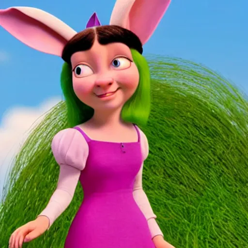 Prompt: A still of Louise Belcher in Shrek (2001), wearing a pink bunny ears hat and green dress, black hair
