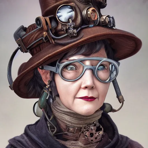 Prompt: Three quarters portrait of a steampunk grannie, poofy hat, goggles, highly detailed, digital painting, art by Stanley Lau and Artgerm and magali villeneuve and Alphonse Mucha, artstation, octane render, cgsociety