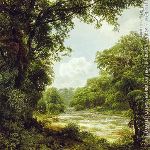 Image similar to tropical fruit trees and white milk river, mangos, painting by ivan shishkin