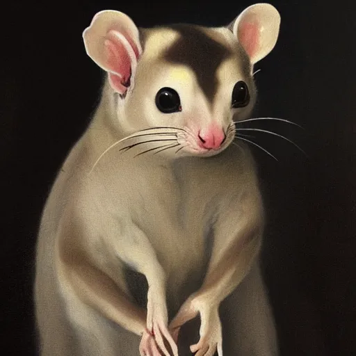 Image similar to sugarglider in a suit 1 5 9 5, a dnd fantasy, chiaroscuro medieval sugarglider, devilish lighting, sugarglider animal perfect epic painting. official portrait, dnd character painting by gibbs - coolidge. oil on canvas, wet - on - wet technique, underpainting, grisaille, chiaroscuro realistic. restored face.