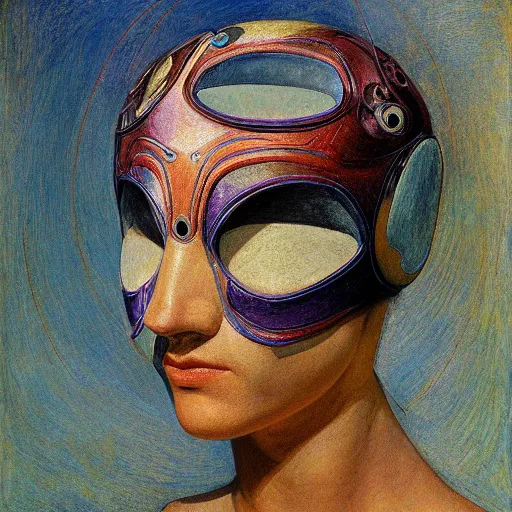 Prompt: the robot in her bird mask, by Annie Swynnerton and Diego Rivera , symbolist, dramatic lighting, elaborate geometric ornament, Art Brut, god rays, soft cool colors,smooth, sharp focus, extremely detailed, Adolf Wölfli and (Donato Giancola)