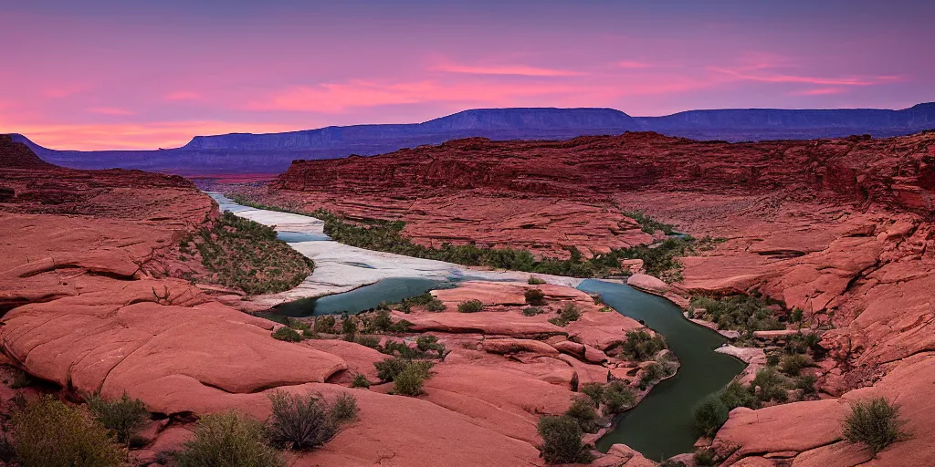 Prompt: “a dried river bend through a canyon surrounded by desert mountains at sunset, moab, utah, a tilt shift photo by Frederic Church, trending on unsplash, hudson river school, photo taken with provia, national geographic photo”