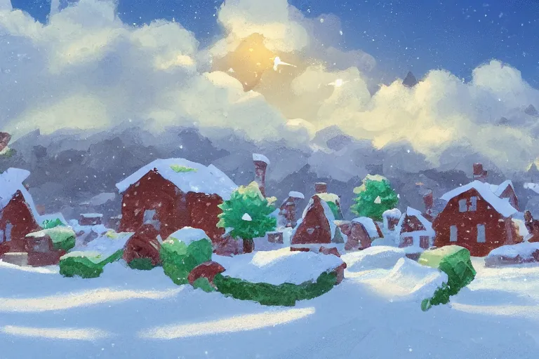 Prompt: snowy Landscape and a village in the background in the style of Pokemon Sword and shild