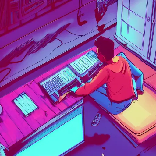 Image similar to aerial view photo of a guy laying on the floor of his bedroom looking at the camera, synthwave colors, computer, cell phone, video games, tv, knick knacks, faded effect, scribble anime, light, bright, no shadows