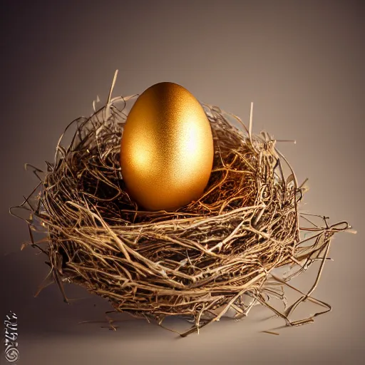 Prompt: a golden egg standing in a nest, studio shot, cinematic lighting, award winning, photography, 8 k