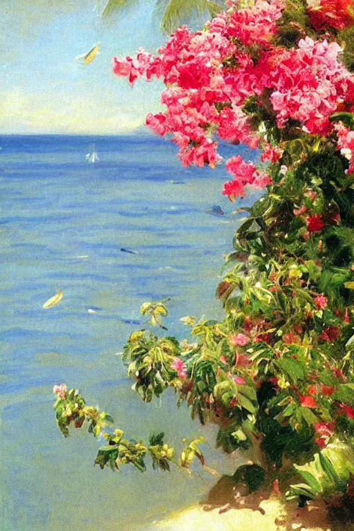 Image similar to beach, rose bunch on the sea surface, a sun in the sky bougainvillea palms, painting by john singer sargent