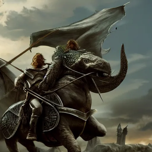 Image similar to the rohirrim riding into battle on giant turtles at minas tirith, trending on artstation