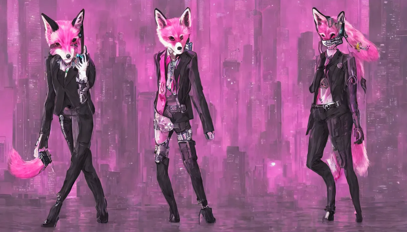 Prompt: pink fox in a suit, cyberpunk