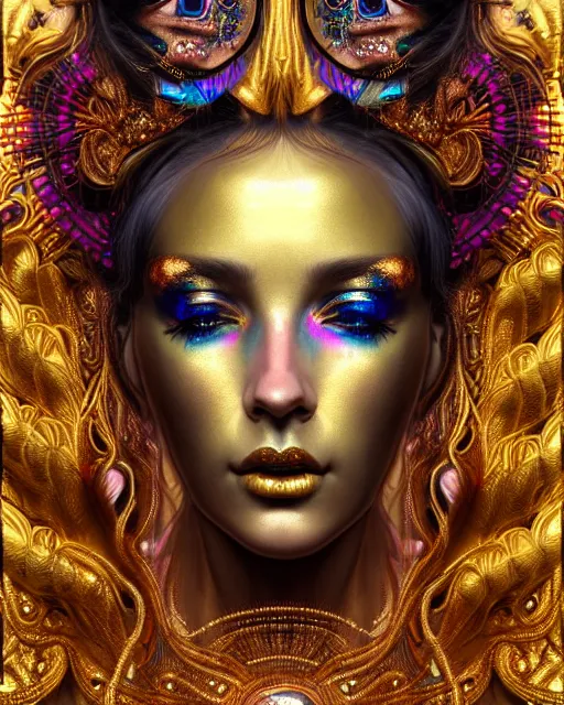 Image similar to hyperrealistic detailed portrait of a beautiful goddess in an iridescent - gold ornamental headdress, intricate cyberpunk make - up, golden face tattoos, art by android jones, john william godward, nekro borja, gothic - cyberpunk, beautiful deep colours,