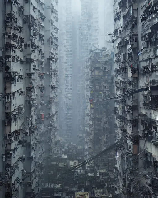 Image similar to poor buildings, hong kong buildings, kowloon, slums, night, cyberpunk, chinese new year decoration, chinese new year parade, ghost in the shell, fog, rain, dramatic lighting, depressing, dystopia, trending on Artstation, 8k, highly realistic, hyper detailed, unreal engine 5, IMAX quality, realistic, cinematic, epic lighting, realistic, Matte Painting, masterpiece,