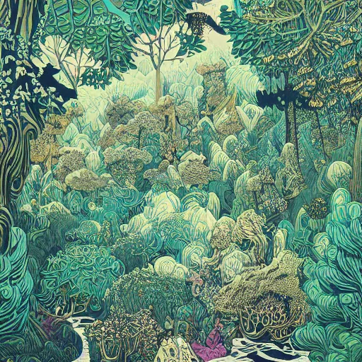 Image similar to linocut print of lush fantasy forest, amazing art, highly detailed, intricate, color, masterpiece, by victo ngai, craig mullins