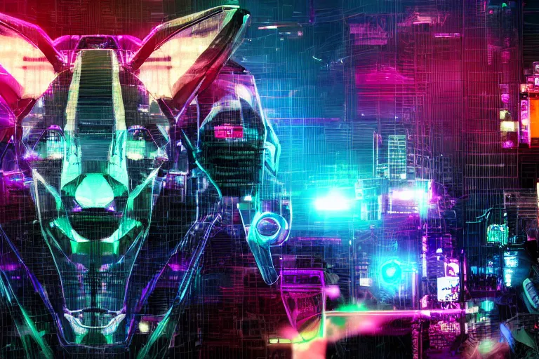 Image similar to complex cyberpunk machine background merged with evil cybernetic goat head in center focus, multicolored digital art