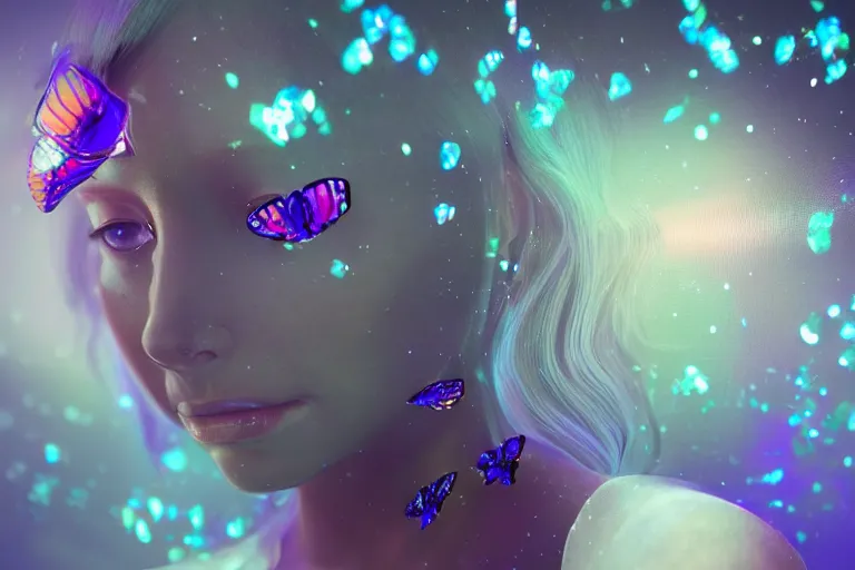 Prompt: a very beautiful dreamy hyper realistic portrait of a glass woman made of transparent glass filled with glowing butterflies, rendered by beeple, by makoto shinkai, syd meade, space art concept, sci - fi, digital art, unreal engine, wlop, trending on artstation, 4 k uhd image, octane render