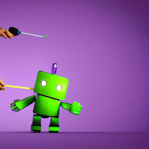 Image similar to a photorealistic 3 d render made in blender of a colourful friendly robot being poked in the eye by a man with a stick. background is a purple gradient