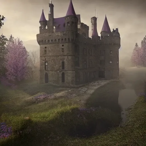 Prompt: abandoned castle, ultra realistic, 8 k, purple fog, dark, ultra detailed, highly detailed, fantastically detailed, illustration, night time, cinematic