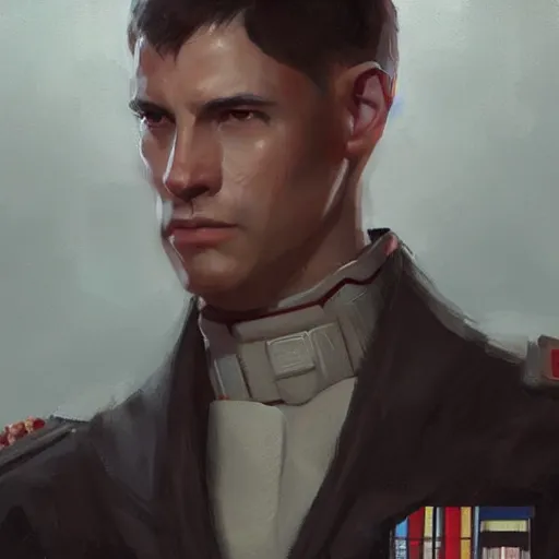 Image similar to portrait of a man by greg rutkowski, british features, short black hair in military style, straight jaw, tall and strong, star wars expanded, universe, he is about 3 0 years old, wearing imperial admiral uniform, artstation hq