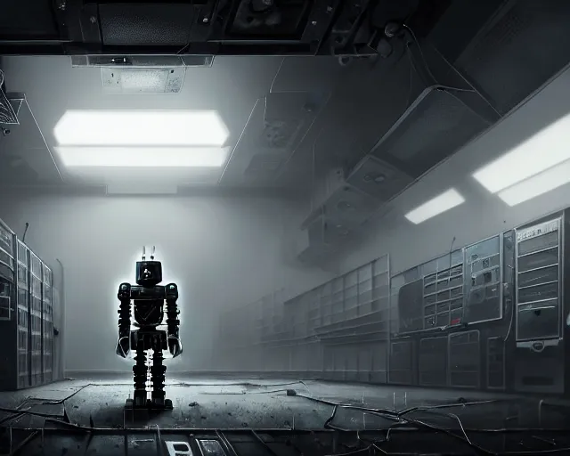 Image similar to robo in gloomy ruined server room in datacenter robot painting concept art of automata rusty steel robot knight colossus welder pacing mono eyed, sharp focus, emitting diodes, smoke, artillery, sparks, racks, motherboard, by pascal blanche rutkowski repin artstation hyperrealism detailed matte painting, 4 k resolution blade runner