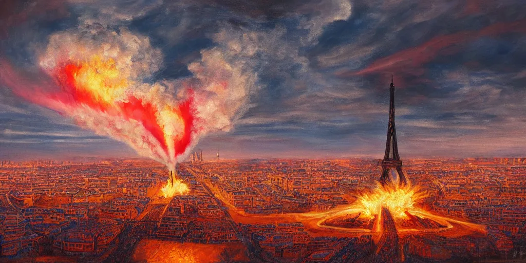 Prompt: a beautiful painting of massive nuclear strike on Paris by Andreas Marschall, nuclear mushroom, fire, panic, dark, clouds, 8k, high detail, advanced rendering whimsically designed art, 4k post-processing highly detailed, Soft illumination