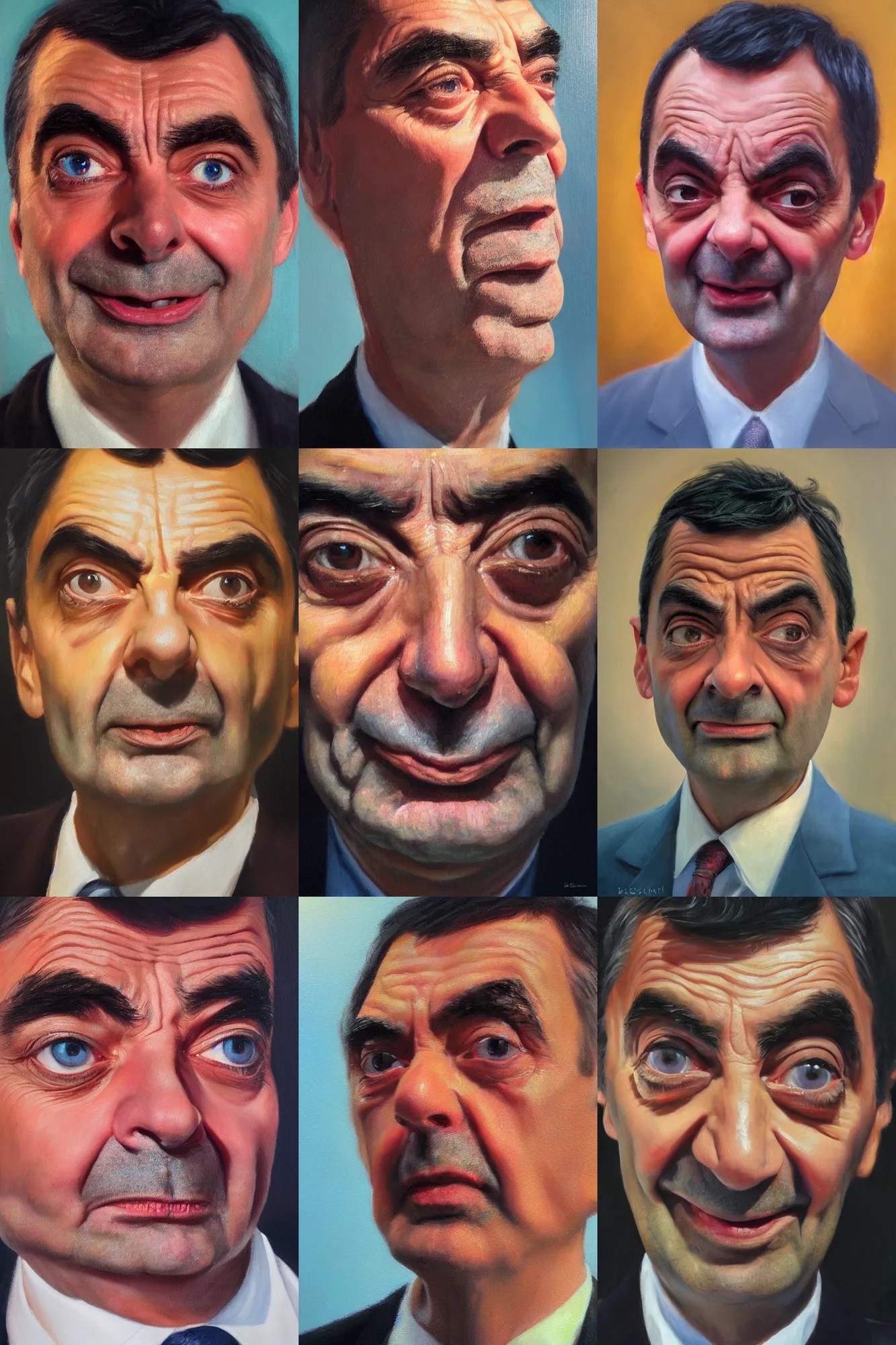 Prompt: up close portrait of mr bean, face, gorgeous lighting, dramatic lighting and composition, award winning oil painting
