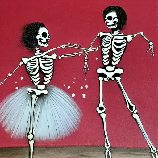 Prompt: two ballerina skeletons dancing on stage while it rains flowers everywhere, red and white flowers, Baroque