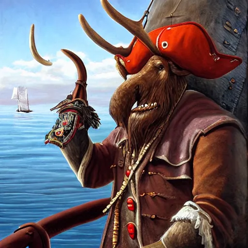 Prompt: anthropomorphic moose pirate humanoid by james gurney, pirate ship, sea, fantasy