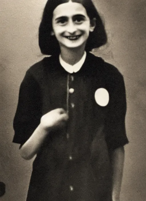 Image similar to a restored photo of Anne Frank posing for the camera in a black SS officer uniform, colourised, high detail, happy picture