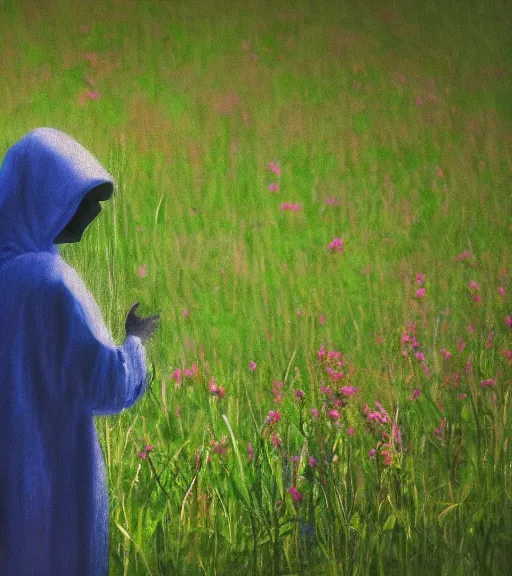 Prompt: tall hooded shadow person figure standing in beautiful meadow of flowers, disney animated, grainy, high detail, high resolution