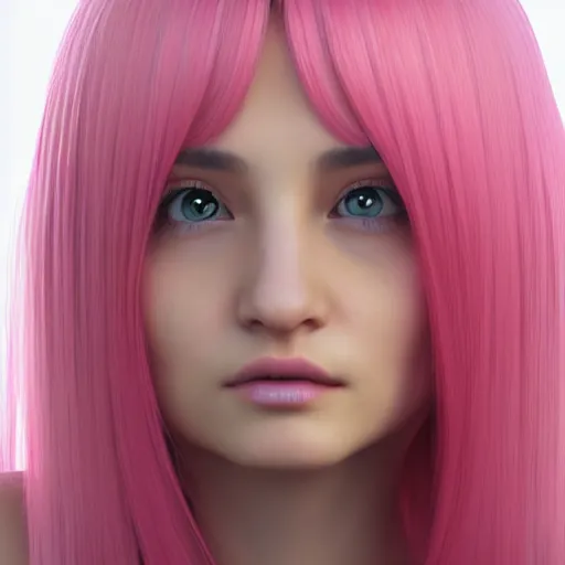 Image similar to A portrait of Nikki from Shining Nikki, a 3d cgi toon young woman with long pink hair, full bangs, amber eyes, pale smooth skin, Chinese, medium shot, mid-shot, soft focus, 4k, trending on artstation