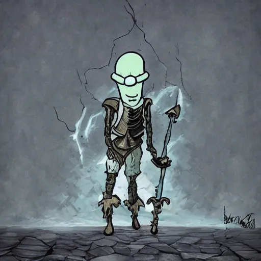 Image similar to squidward as a dark souls boss art by Bernard Krigstein's