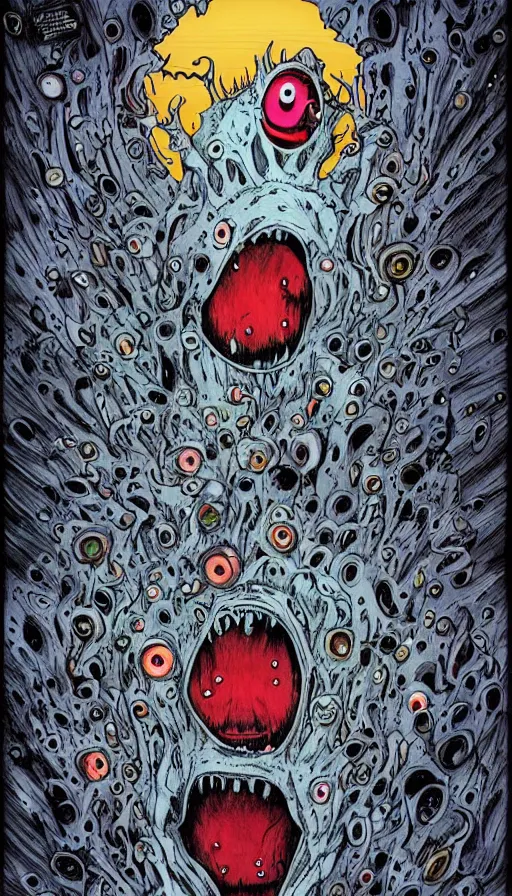 Image similar to a storm vortex made of many demonic eyes and teeth, by alex pardee