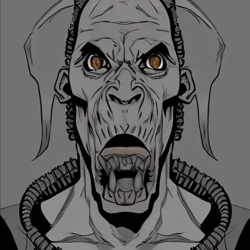 Image similar to skinny moria orc, portrait, by mike mignola, greyscale,