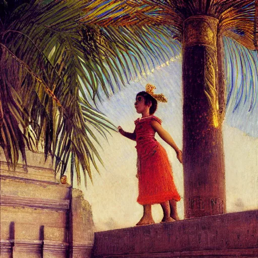 Prompt: a ultradetailed beautiful painting of the moon girl on the amazonas palace by jules bastien - lepage, hans belmer, frank weston and gustave baumann, trending on artstation, mediterranean, palm trees, light sparkles, sharp focus, soft light, 8 k 4 k