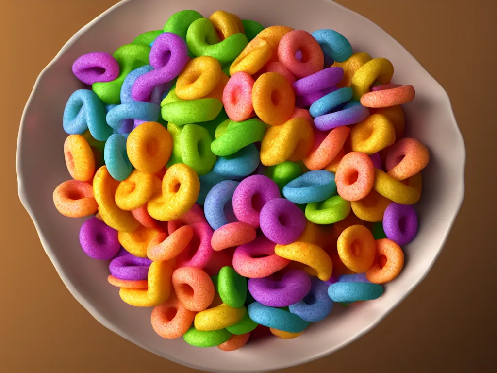 Image similar to bowl of fruit loops in milk, high realism, high contrast, bump map, crunchy, glossy, high detail, stylized, pixar, substance painter, octane render