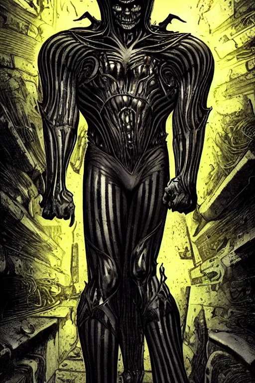 Image similar to A full body portrait of a new antihero character art by Marc Silvestri, Cedric Peyravernay and H.R. Giger, ominous, mysterious,