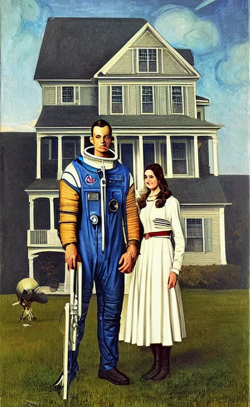 Image similar to an astronaut couple in front of farm house American Gothic style, spaceship in background, 8k, digital art, drawn by j.c. leyendecker, amazing quality