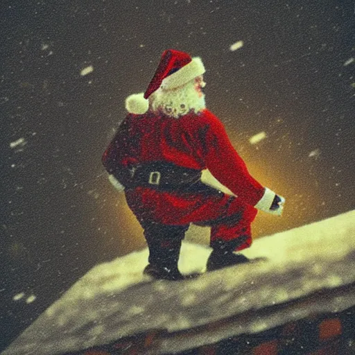 Image similar to a grainy realistic photograph of santa ontop of a rooftop climbing down a chimney at night, shot on an old polaroid camera, grainy vhs texture 4 k, realistic, unreal engine 5, sharp details, 3 0 0 dpi