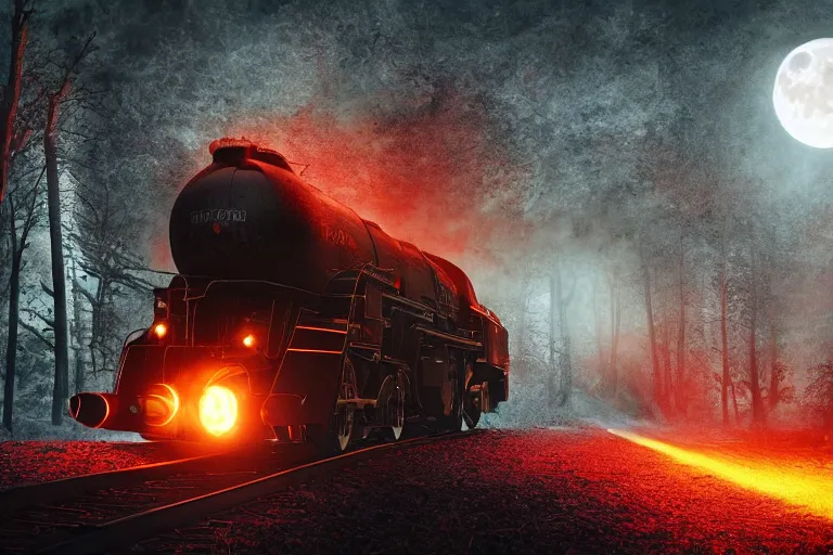 Image similar to devil train fiery black smoke locomotive blazing throguh dark forest, eerie moon eclipse, hyper realistic, ambient lighting, concept art, intricate, hyper detailed, smooth, dynamic volumetric lighting, octane, raytrace, cinematic, high quality, high resolution, 4 k, cgsociety, rutkowski, gurney