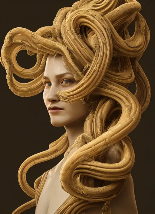 Image similar to medusa made of wax, wooden art nouveau swirls, strong subsurface scattering, cables, tubes, subsurface scattering, in the style of ruan jia and giger, subsurface scattering, mystical colors, rim light, dramatic lighting, 8 k, stunning scene, raytracing, octane render, trending on artstation