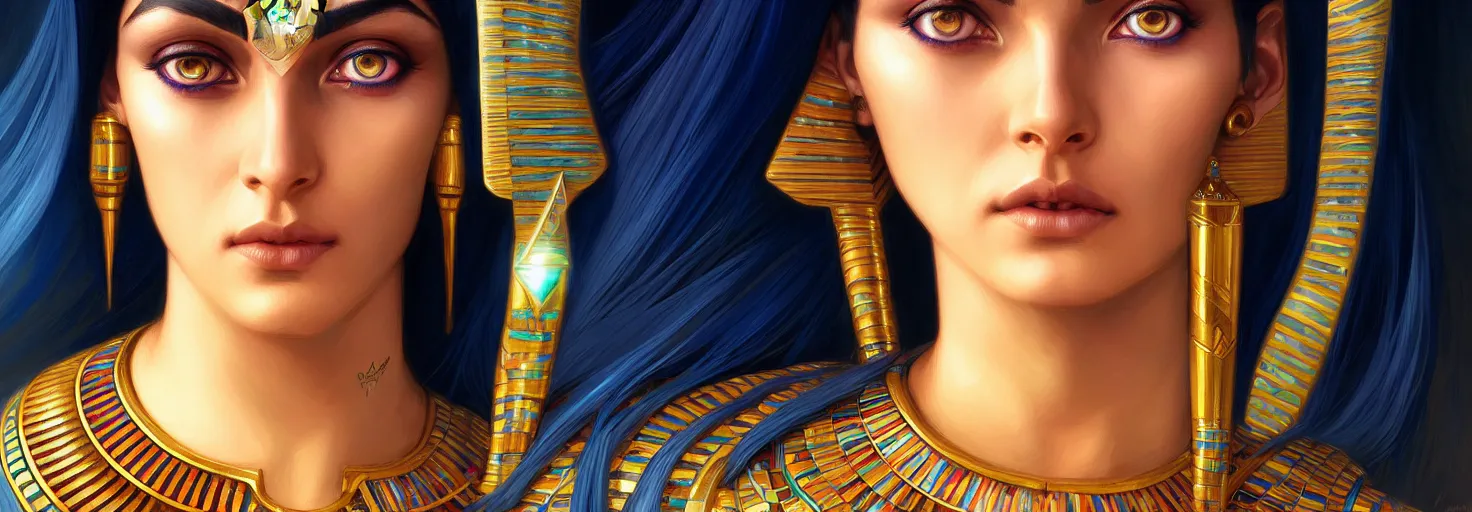 Image similar to astral egyptian woman portrait, blue eyes, face, cleopatra hair, astral, intricate, elegant, highly detailed, digital painting, artstation, concept art, smooth, sharp focus, illustration, art by artgerm and greg rutkowski and alphonse mucha