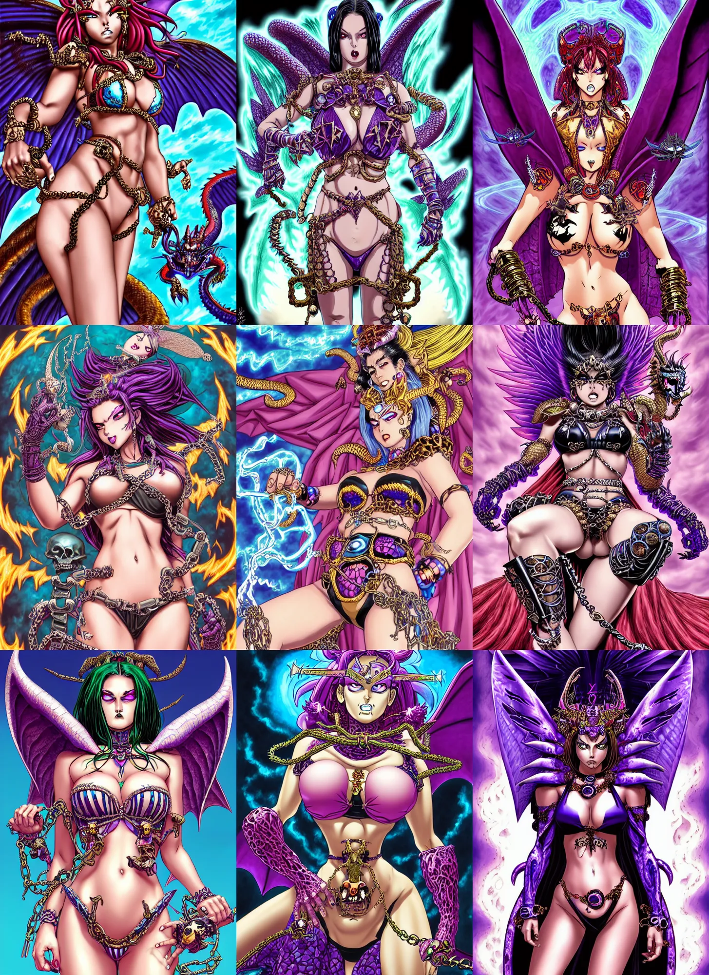 Prompt: gorgeous!! woman as a chained demoness sorcerer empress wearing a bikini, d & d, dragon wings, skulls at her hips, lightning eyes | art by jack kirby + akira toriyama + katsuhiro otomo + hirohiko araki | intricate, highly detailed, digital painting, smooth, sharp focus, hyper - realistic, symmetrical