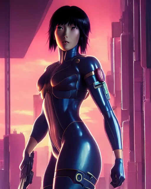 Image similar to weta disney pixar movie still portrait photo of motoko kusanagi the major ghost in the shell : : as cyborg woman by pixar : : by weta, wlop, ilya kuvshinov, rossdraws, artgerm, marvel, maxim cover, latex, octane render, sweaty, iridescent, bright morning, anime, liosh, mucha : :