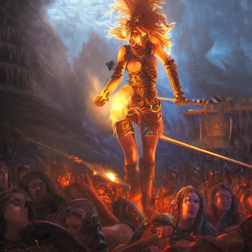 Image similar to epic beautiful young warrior maiden fighting against darkness under ritual lit night Ken Kelly, photorealistic, cinematic, fantastic reality, detailed, intricate dramatic lighting, establishing shot, 8k resolution – W 1024