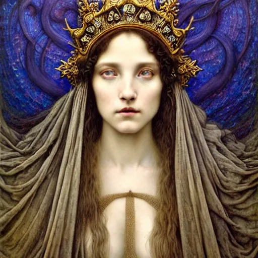 Image similar to detailed realistic beautiful young medieval queen face portrait by jean delville, tom bagshaw, brooke shaden, gustave dore and marco mazzoni, art nouveau, symbolist, visionary, gothic, pre - raphaelite, ornate gilded medieval icon, surreality, ethereal, unearthly, haunting, celestial, neo - gothic, ghostly, memento mori, enigmatic