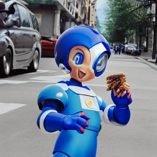 Prompt: megaman begging for food on the street, photorealistic