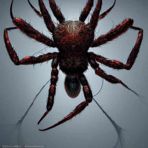 Prompt: photorealistic rendering of demonic spider the style of michael whelan and gustave dore. hyperdetailed photorealism by greg rutkowski, 1 0 8 megapixels, cinematic lighting.