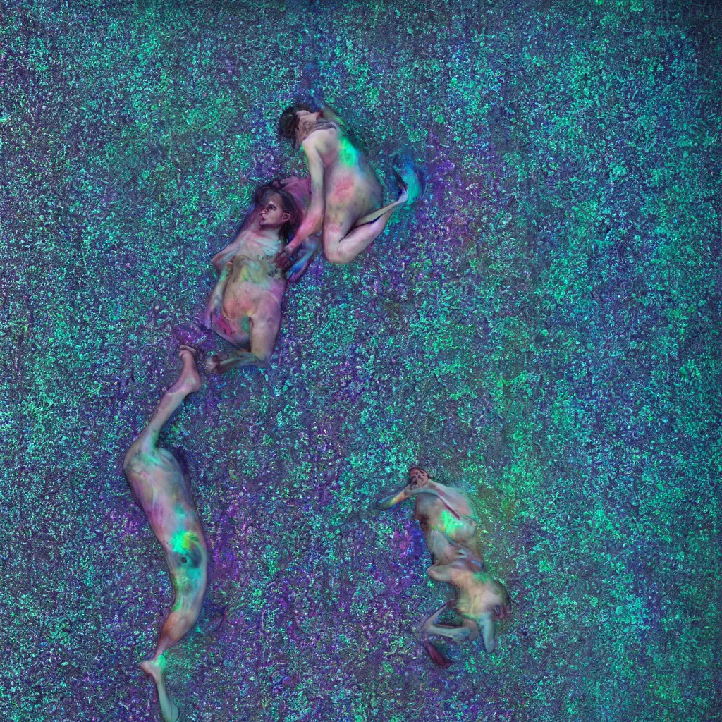 Prompt: overhead view of iridiscent oil slick with a woman's corpse connected by a transparent pipe to a baby buried under oil slick, faded, depth of field, ultra realistic, very detailed, glitch, by nadav kander, 8 k hyper realistic detailed cinematic