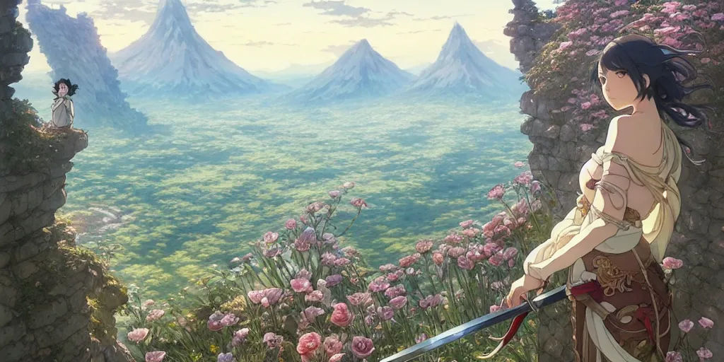 Image similar to the knight and the sword of rose petal, anime, castle core, mountains, rocky roads. by hayao miyazaki and rossdraws and artgerm and greg rutkowski and alphonse mucha and studio ghibli. high quality, stunning, intricate detailed environment. 8 k